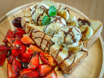 High angle view of breakfast served on table