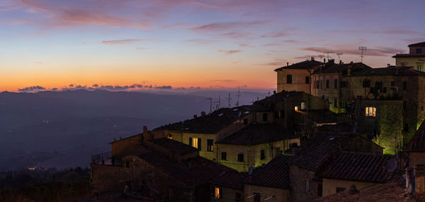 High angle view of townscape against sky during sunset