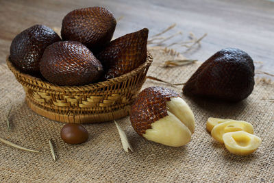 High angle view of fruits in basket on table