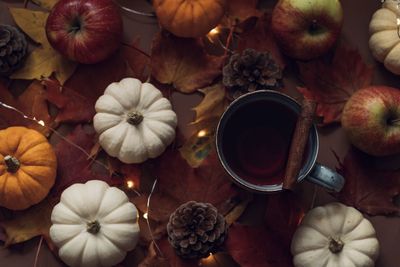 High angle view of pumpkins on table