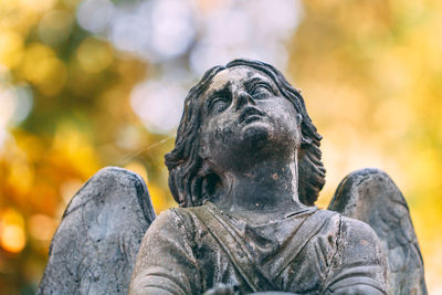 Close-up of weathered statue at park