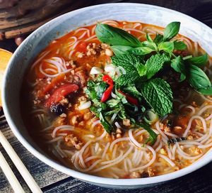 High angle view of noodles in bowl