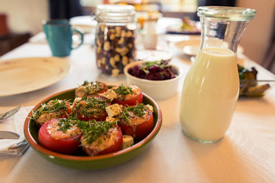 Close-up of food served on table