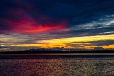 Scenic view of sea against cloudy sky at sunset