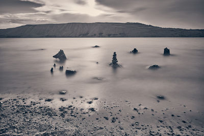 Rock cairn along the shore of fremont lake near pinedale, wyoming.