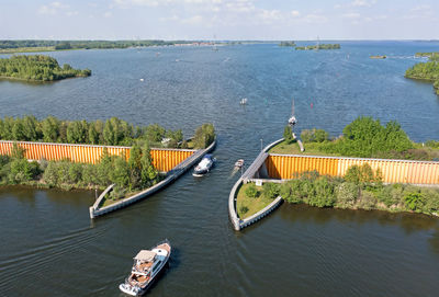 High angle view of boats in sea