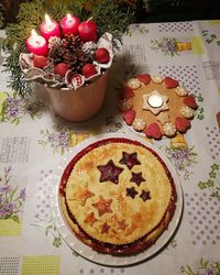 High angle view of dessert served on table