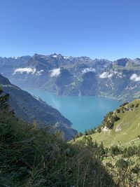 Scenic view of lake and mountains against clear sky