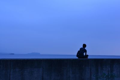 Rear view of man sitting on retaining wall against clear sky