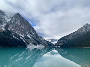 Scenic view of lake by snowcapped mountains against sky