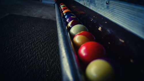 Close-up of multi colored water on table