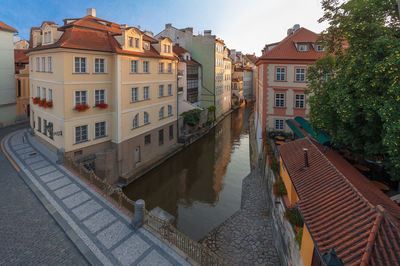 Kampa, the district of prague in lesser town with devil stream againts blue sky.