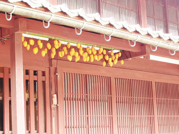 Low angle view of illuminated lanterns hanging on ceiling of building