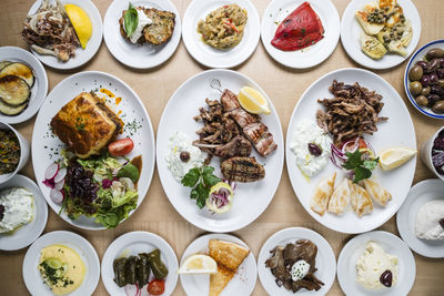 High angle view of meal served on table