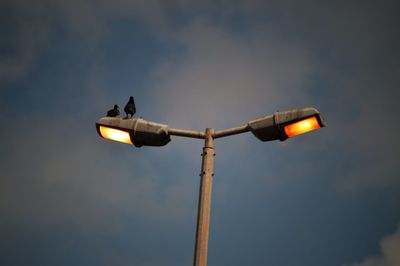 Low angle view of illuminated lighting equipment against sky