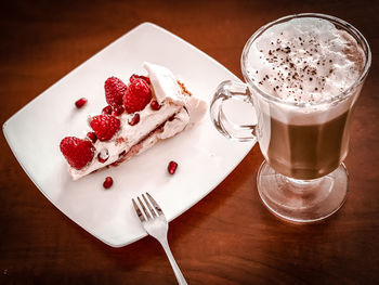 High angle view of dessert in glass on table