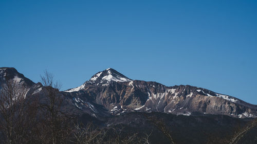 Low angle view of snowcapped mountains against clear blue sky