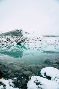 Glacial lake surrounded by snowcapped mountain in winter