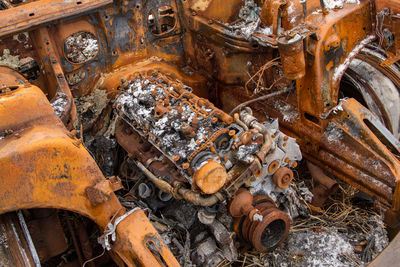 High angle view of old rusty engine