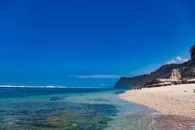 Scenic view of sea against clear blue sky