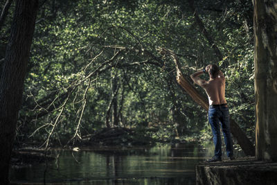 Rear view of shirtless man standing amidst trees in forest