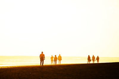 Tourists visiting beach against clear sky