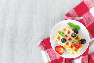 High angle view of breakfast served on table