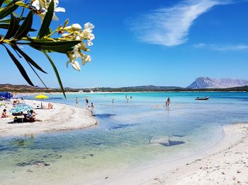 People on beach against blue sky