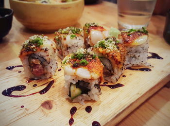 Close-up of sushi served on table