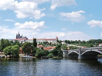 Bridge over river in city against cloudy sky