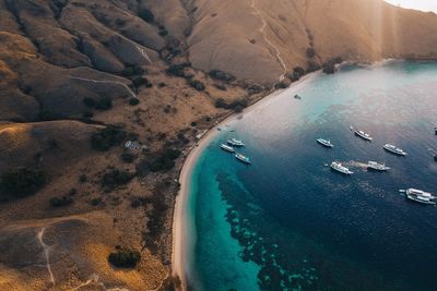 Aerial view of yachts in sea