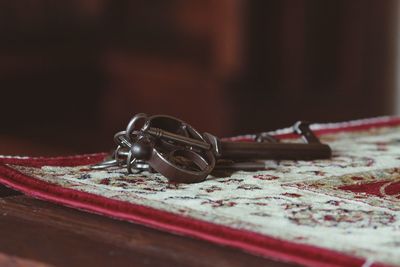 Close-up of vintage car on table