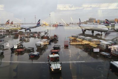 High angle view of airport runway against sky