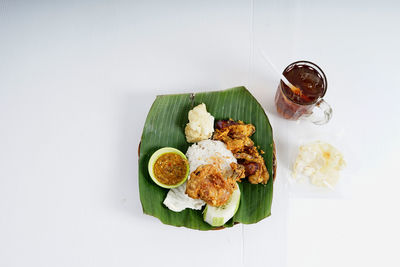 High angle view of breakfast served on table