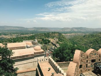 High angle view of residential district against sky