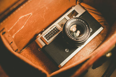 High angle view of old camera