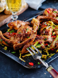 Close-up of meat on barbecue grill