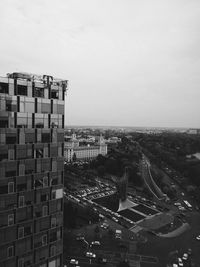 High angle view of buildings against clear sky