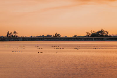 Scenic view of lake against orange sky