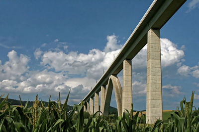 Low angle view of bridge over field against sky