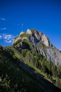 Scenic view of mountain against blue sky