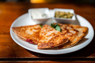 High angle view of meal served on table