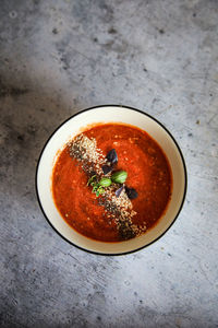 High angle view of soup in bowl on table