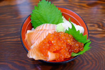 High angle view of fish in plate on table