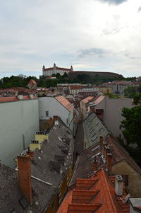 High angle view of buildings in city against sky