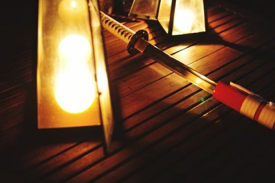 Close-up of illuminated table