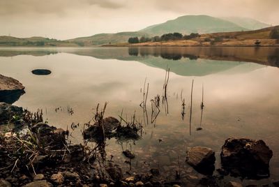 Scenic view of calm lake against cloudy sky