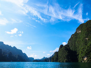 Scenic view of sea and mountains against sky