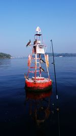 Traditional windmill on beach against clear sky