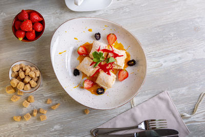 High angle view of breakfast on table